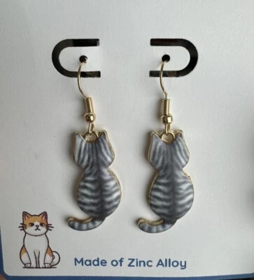 Lindos Pendientes Colgantes Esmaltados Diseño Gato Joyería de Dibujos Animados Adorable Regalo Gris Atigrado Foto 1 de 2