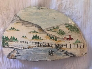 Vintage Original Hand Painted Winter Scene Barn with Snow on a Real Tree Slice - Picture 1 of 4