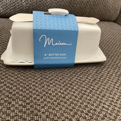 Home Essentials 8"L Maison Cov'D White Butter Dish W/Rect Finial Handle New - Image 1 of 3