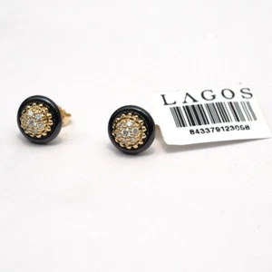 LAGOS New 18K Gold Meridian Diamond and Black Ceramic 9mm Pave Stud Earrings - Picture 1 of 6