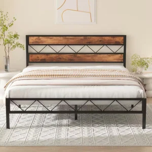 NEW Queen Platform Bed Frame Black Metal Rustic Wood Headboard 60.2" Wide - Picture 1 of 11