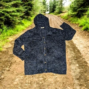 DRESS BARN Women's PLUS 2X Blue SPECKLED Sweater Cardigan WOOL BLEND Hood Button - Picture 1 of 8