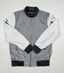 GUESS Jacket Mens Medium Gray White Bomber Zip Front Colorblock Logo Sleeve - Picture 1 of 11
