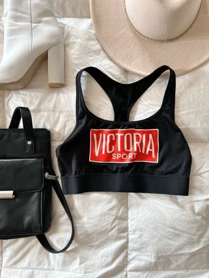 Victoria's Secret Sports Bra Small Racerback Black with Red Logo Across Chest M - Image 1 of 4