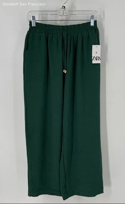 NWT Zara Green Elastic Waist Flat Front Wide Leg Casual Womens Pants Size 6 - Image 1 of 4