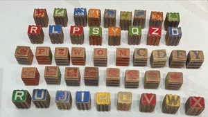 Vintage Small Wooden Interlocking Building Blocks - Letters/Pictures- Set of 44 - Picture 1 of 11