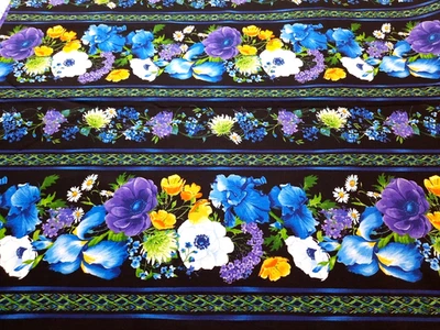 2 Yds 'Reverie' 5928 Timeless Treasures Striped Black w/Multicolor Flowers - Image 1 of 4