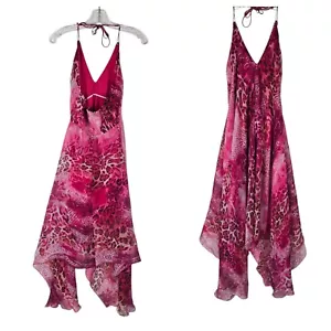 Vintage Womens M/L Pink Fairy Leopard Floral Whimsical Hankerchief Hem Y2k Dress - Picture 1 of 14