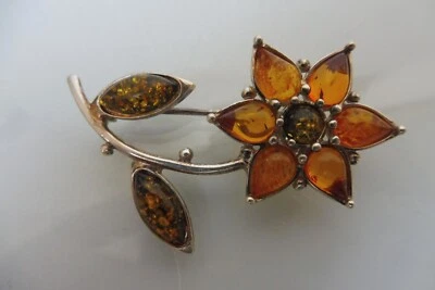 Spilla, Fiore 925 Argento Con Ambra, Molto Bella Spilla - Immagine 1 di 4
