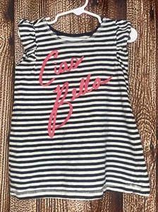 Tea Collection Girl’s Blue Striped Top Flutter Sleeve “Ciao Bella” Size S (4/5) - Picture 1 of 4