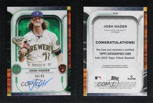 2022 Topps Tribute Tribute Auto Green /99 Josh Hader #TA-JH Auto