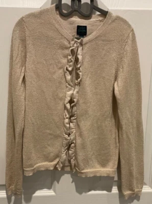 Suéter Cárdigan Niñas Mini Boden Tostado con Brillos Dorados 9/10 Volantes Botones Foto 1 de 4