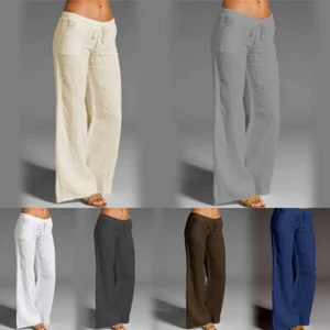 Summer Womens Cotton Blend Drawstring Trousers Baggy Wide Leg Pants Plus Size - Picture 1 of 18