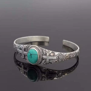 Damen Religiös Schmuck Accessoire Vintage geschnitztes Kreuz Armband mit Türkis - Bild 1 von 6