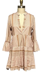 Babydoll Short Mini Dress M Pink Geometric Pattern 3/4 Bell Sleeves V-neck Brown - Bild 1 von 6