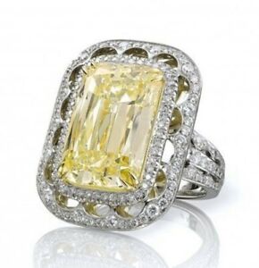 15Ct Emerald Cut Canary Yellow Diamond Simulant Ring Size 7 White Gold FN Silver