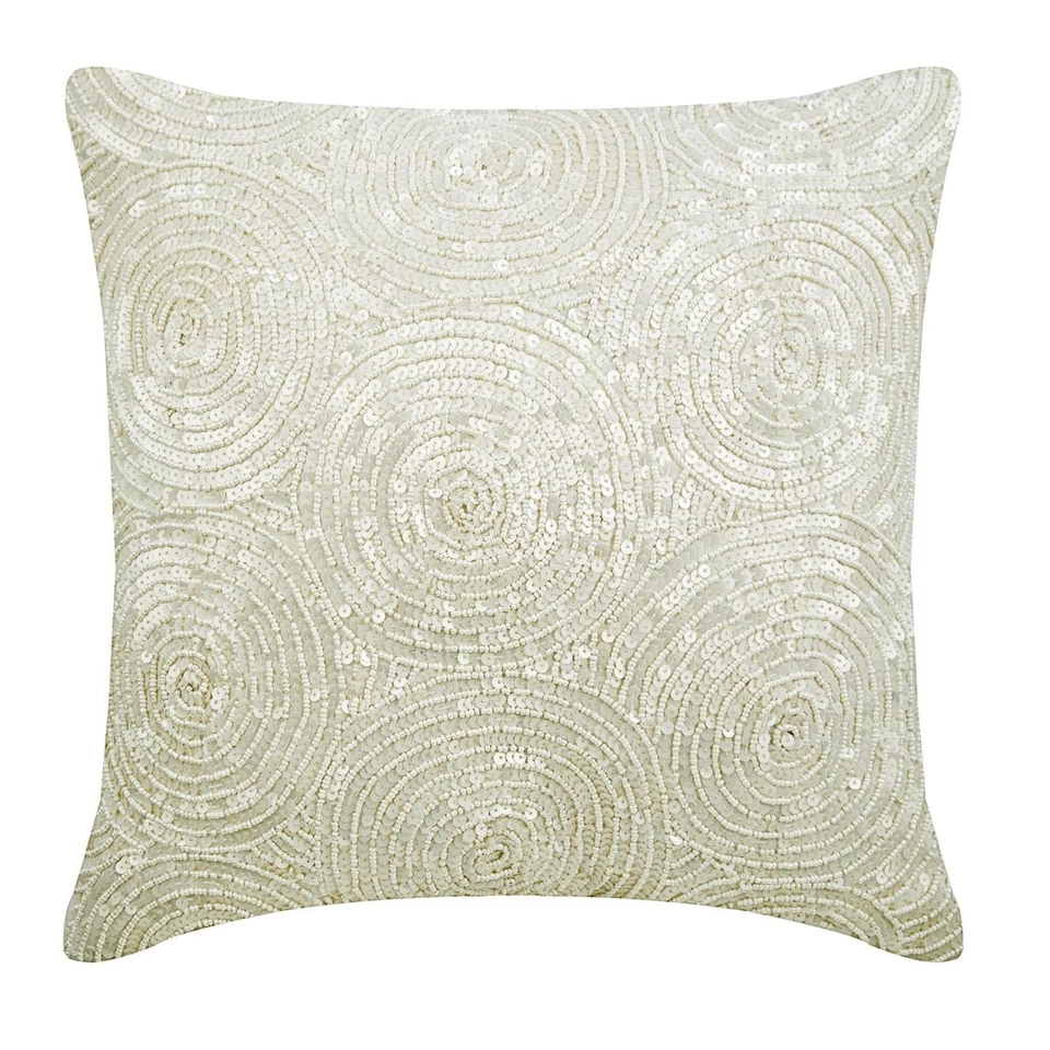 Pillow Cover Ivory 16"x16", Sofa Decor Silk Circles & Dots - Ivory Swirls - Image 1 of 3