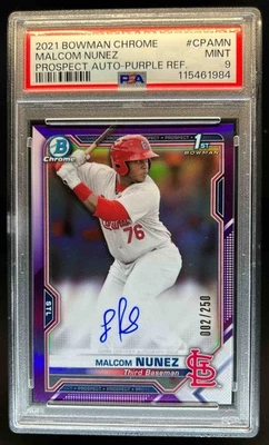 2021 Bowman Chrome Malcom Nunez Auto Purple Refractor 1st #2/250 PSA 9 - Image 1 of 2