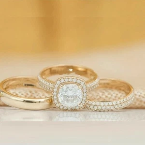 3Ct Lab Created Diamond His & Her Wedding Trio Ring Set 14K Yellow Gold Plated - Picture 1 of 5