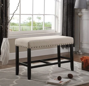 Biony Fabric Counter Height Dining Bench with Nailhead Trim, Tan - Picture 1 of 6