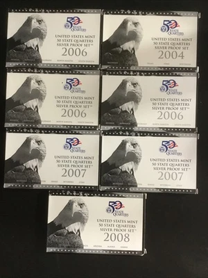 7 Sets U S Mint 50 State Quarters Silver Proof Sets, 2004, 2006, 2007 & 2008 - Image 1 of 4