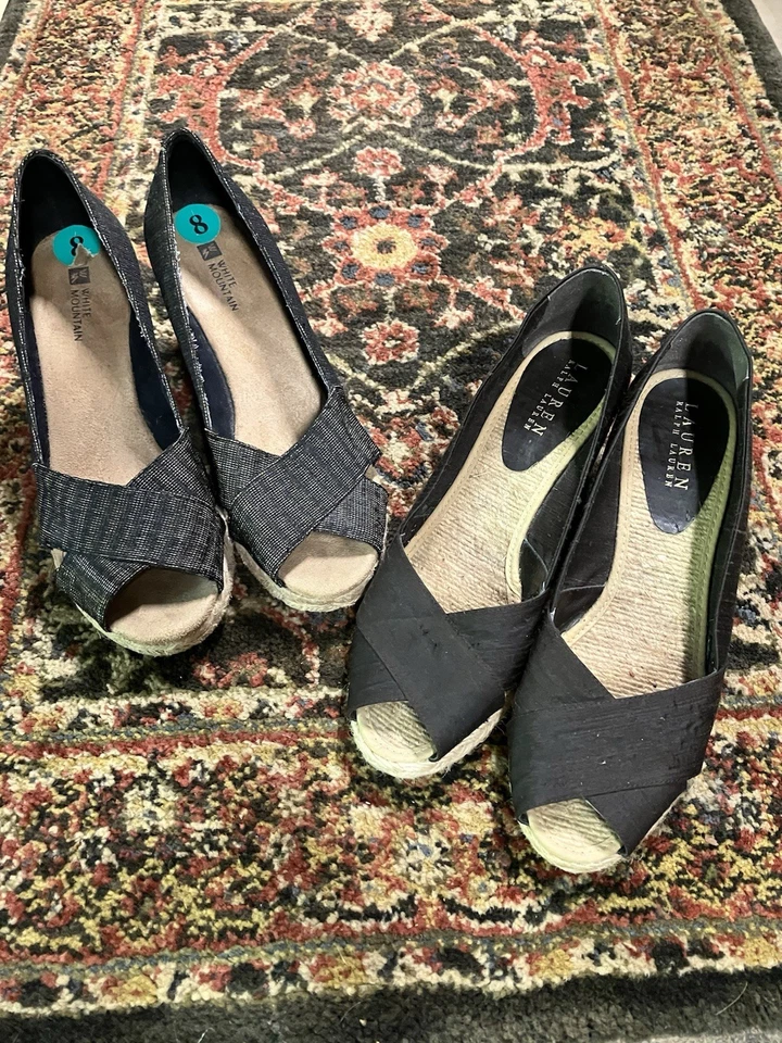 2 Pair Wedge Brown Espadrille Sz 8 Shoes: Ralph Lauren -silk; White Mtn. -canvas - Image 1 of 4