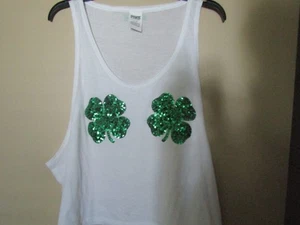 Victoria Secret PINK Size Large WHITE Green Sequin Irish SHAMROCK Crop Top - Picture 1 of 5