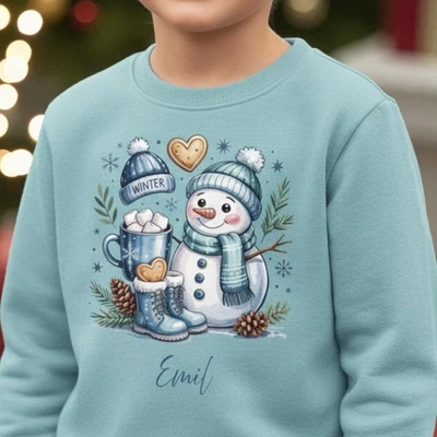 JUST HOODS Personalisierter Kinder Pullover Schneemann Sweatshirt Winter Geschenk