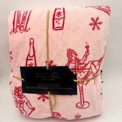 Rachel Roy Pink Red Flannel Plush Blanket Ski Skiers & Cocktails Full Queen - Image 1 of 4