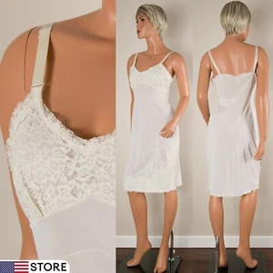 💖 60s ARISTOCRAFT Superior White Full Slip Dress Nylon Floral Applique Lace 36 - Picture 1 of 10
