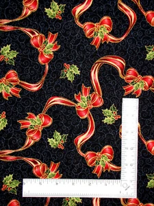 Christmas Holly Ribbons Fabric Half-Yard Cotton Gold Accents by VIP Fabrics - Picture 1 of 1