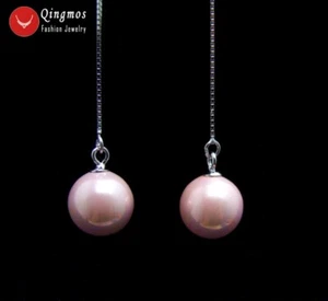10mm Round Pink Sea Shell Pearl Silver S925 Ear Line Dangle Earring for Women  - Picture 1 of 15