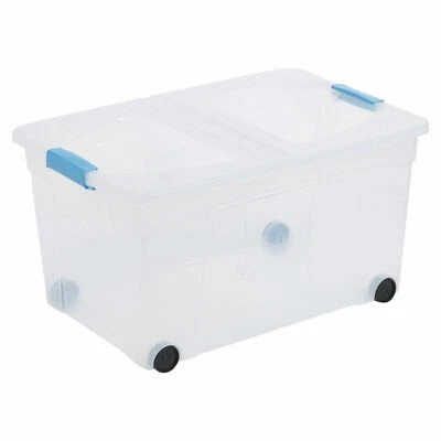 110L Extra Large Clear Plastic Storage Container Folding Lid Stackable 4 Wheeled - Image 1 of 3