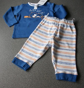 Baby Pyjama Schlafanzug 2 teilig blau weiß GR.68 BIOBAUMWOLLE NEU mit Etikett - Bild 1 von 3