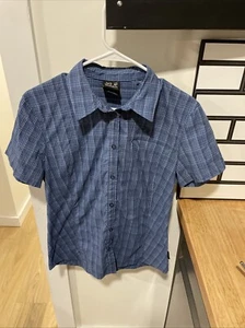 Jack Wolfskin Women’s Medium Blue Striped Short Sleeve QMC Outdoor Hiking - Picture 1 of 2