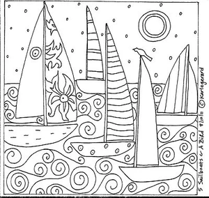 Rug Hook Paper Pattern 5 SAILBOATS & A BIRD Folk Art Abstract Primitive KARLA G - Picture 1 of 7