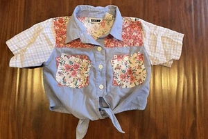 Vintage GITANO Girl's 5 Blue Pink Denim Shirt Button Down Tie Western Floral 90s - Picture 1 of 5