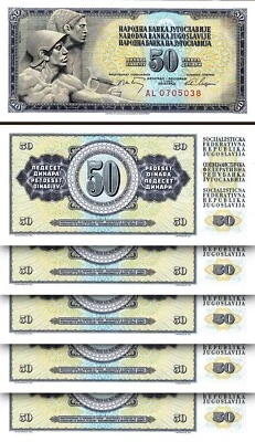 Yugoslavia 50 dinares 1968, UNC, LOTE DE 5 piezas consecutivas, P-83c, prefijo AF Foto 1 de 2