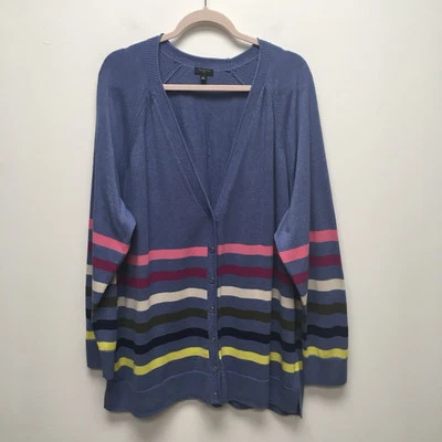 Talbots Blue Striped Raglan Long Sleeve V-Neck Button Front Cardigan Sweater 3X - Image 1 of 4
