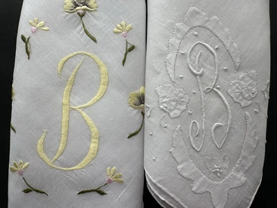 A+ 2 Vintage Bright White Hankies Madeira Style Embroidered Machine Monogram B - Image 1 of 4