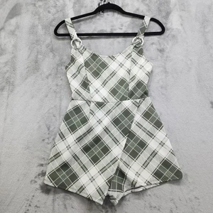 No Boundaries Romper Womens XS Juniors 1 Green White Plaid Sleeveless Stretch - Picture 1 of 10