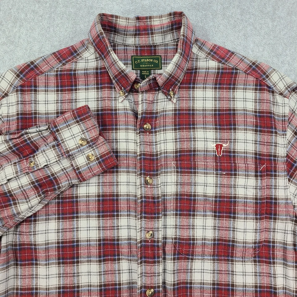 CC Filson Button Flannel Shirt Mens Small Red Plaid LS Bull Embroidery Outdoor - Image 1 of 4