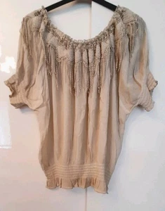 New Ladies Stone Bardot Top With Embroidered Tassled Detail Size 16 - Picture 1 of 5