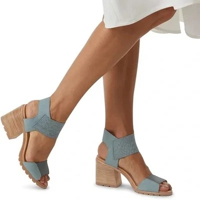 Sorel Nadia Chunky Elastic Heeled Leather Sandals Blue Leather Summer Shoes 10.5 - Image 1 of 4