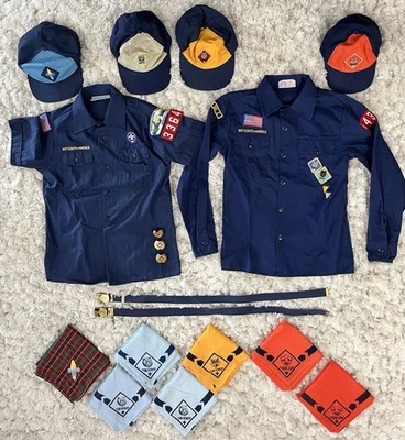 LOT Cub Scout Blue UNIFORM SHIRT Youth MED  Rank Hats Neckerchief Slide Belt BSA - Image 1 of 4