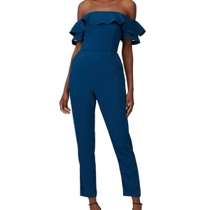 Adelyn Rae Anora Jumpsuit w Pockets Small Blue Off The Shoulder Straight Ruffle - Picture 1 of 16