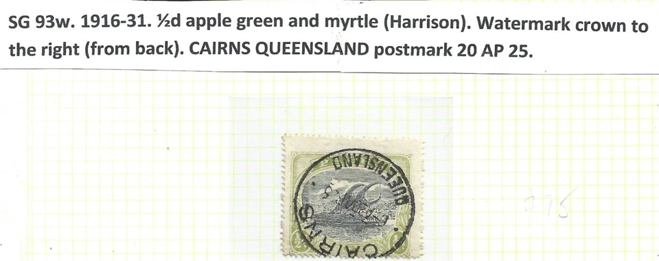PAPUA Lakatoi. SG93w 1916-1931 1/2d Green. CAIRNS QLD Pmk (20 AP 25) — 第 1/1 张图片
