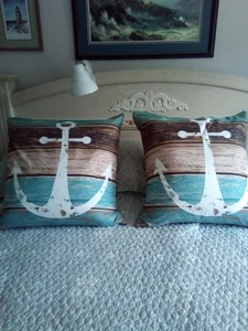 2 Pillow Covers 24 x 24 Beach Nautical Classic Marine Large Anchor Teal Brown - Picture 1 of 4