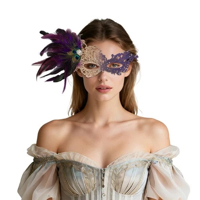 Women's Peacock Feather Lace Rhinestone Half-Face Mask Masquerade Gorgeous Mask - Image 1 of 2