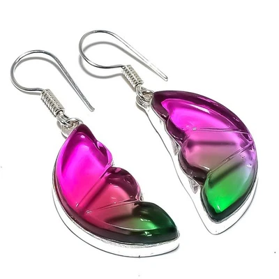 Pendiente de plata de ley 925 con piedras preciosas de turmalina bicolor de Navidad 1,8" L073 Foto 1 de 4